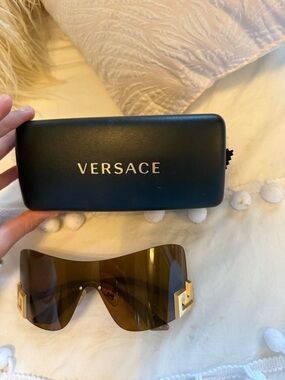 Versace Women's Shield Sunglasses in Brown and Gold